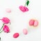 Easter egg and quail eggs in nest and pink roses on white background. Top view, Fat lay. Easter holidays