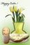 Easter egg and rolls with butter and tulips in vase