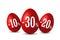 Easter egg sale. Happy Easter eggs 3D template isolated on white background. 10, 20, 30 percent off. Design banner