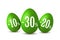 Easter egg sale. Happy Easter eggs 3D template isolated on white background. 10, 20, 30 percent off. Design banner