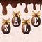 Easter egg sale white text. Happy Easter hanging eggs 3D, dripping melt chocolate, gold ribbon bow, textured background