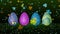 Easter Eggs 3d Rendering In Different Texture And Patterns Amid Green Colorful Shiny Leaf Clovers Glitter Dust Flying Above Floor