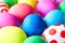 Easter eggs background. Colorful painted chicken eggs. Christian holiday traditions. Traditional symbol. Ceremonial food