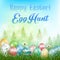 Easter eggs Background with field of trees and colored eggs in the grass