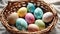 Easter eggs in a basket. Painted eggs close up. Holiday Easter background. AI generated