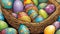 Easter eggs in a basket. Painted eggs. Festive Easter hand drawn background. AI generated