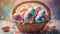Easter eggs in a basket. Painted eggs. Holiday Easter background. AI generated