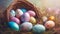 Easter eggs in a basket. Painted eggs. Holiday Easter background. Selective focus. AI generated