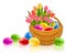 Easter eggs in basket with tulip flowers