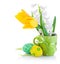 Easter eggs in basket with yellow tulip flowers