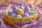 easter eggs in basket in yellow wicker basket, in the style of bold color field, pastel-hued. Generative AI