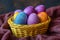easter eggs in basket in yellow wicker basket, in the style of bold color field, pastel-hued. Generative AI