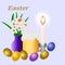 Easter eggs, a bouquet of narcissuses, a candle an Easter cake