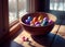 easter eggs in bowl over window with sunrise. AI Generated