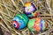 Easter eggs with bright drawing in a nest