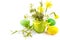 Easter eggs with bunch spring flowers narcissus