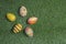 Easter eggs colored on grass  wide view or top view