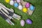 Easter eggs colored on grass  wide view or top view