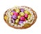 Easter eggs, colorful chocolate eggs and pearl necklaces in basket