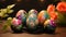 Easter eggs with colorful designs on them on a table, AI