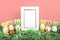 Easter eggs cute bunny, grass and white photoframe on coral pink backgroung. Funny decoration. Happy Easter concept