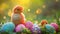 Easter eggs and cute chick on green grass. Happy Easter background. Spring landscape with little chicken and eggs