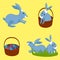 Easter eggs with different textures and colorful patterns in the basket and rabbits