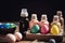 Easter eggs and essential oil on a wooden table. Selective focus. AI generated