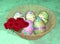 Easter eggs with flower in the bamboo basket on marble background,3D illustration, it`s colorful. Happy Easter !