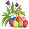 Easter eggs with flower bush and bunny