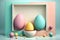 Easter eggs in gentle tones 3d on a blue background