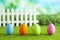 Easter eggs on grass, white fence on nature background