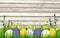 Easter eggs, grass and wild flowers border on wood