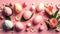 Easter eggs in a green egg holder with pink flowers on a pink background