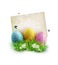 Easter eggs in green grass with white flowers, butterflies, vintage card