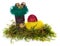 Easter eggs hand painted multicolored in bird nest, forest moss, stump