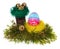 Easter eggs hand painted multicolored in bird nest, forest moss, stump