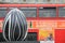 Easter Eggs Hunting Exhibition in London city center - Egg with abstract painting and red bus in the background