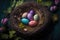 Easter eggs in a natural nest with bird eggs on a black background. View from above and horizontal illustration. Generative AI