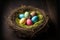 Easter eggs in a natural nest with bird eggs on a black background. View from above and horizontal illustration. Generative AI