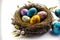 Easter eggs in a natural nest with bird eggs on a white background. View from above and horizontal illustration. Generative AI