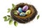 Easter eggs in a natural nest with bird eggs on a white background. View from above and horizontal illustration. Generative AI