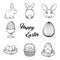 Easter eggs, nest, bunny, basket. Easter design elements set. Vector illustration.