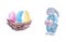 Easter eggs in nest and bunny with holiday basket