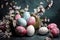 Easter eggs in a nest with spring flowers on a blue background, Happy Easter. Congratulatory easter background. Easter eggs and