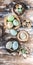 Easter eggs in nests. Easter decorations. Rustic surface. Vertical shot