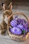 Easter eggs painted in a basket with flowers, and a soft hare in lilac tones, on wooden background