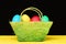 Easter eggs painted in different colours in light basket