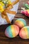 Easter eggs painted in LGBT colors, Concept of tolerance and religious equality towards various social groups, Place for text