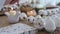 Easter eggs with a pattern in hands, female hands decorate eggs for Easter Traditional family church religious holiday.